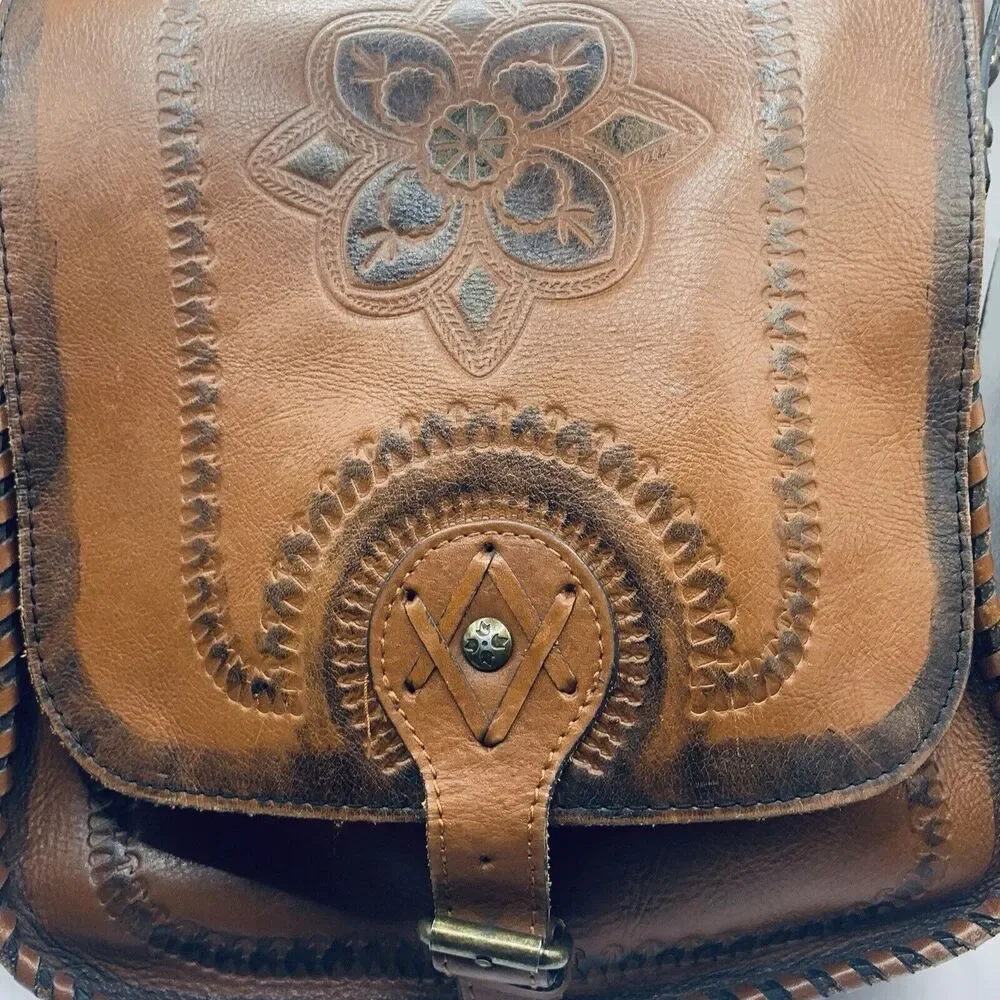 PATRICIA NASH HAND TOOLED SATCHEL CROSS BODY BAG PURSE Brown Leather